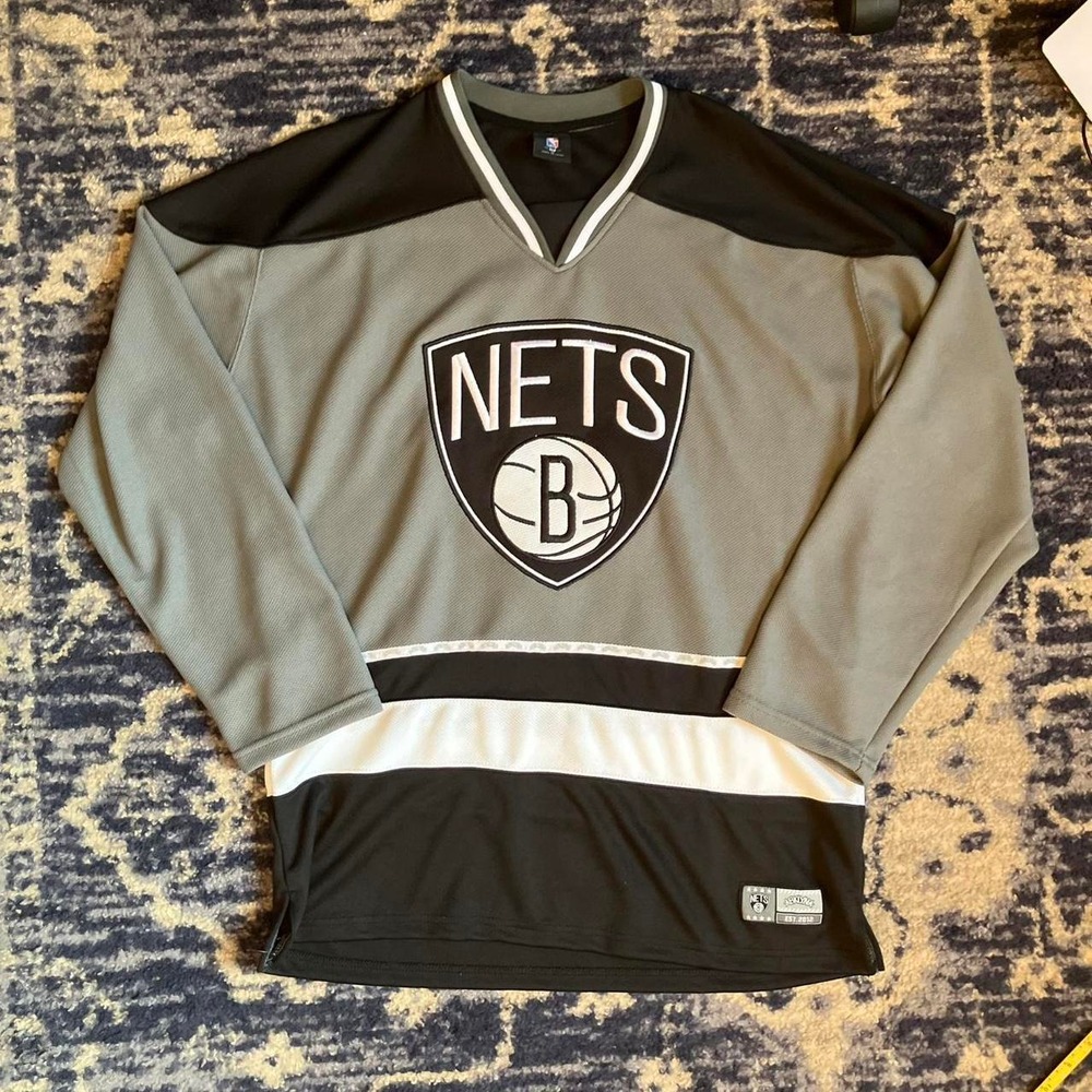 NBA Brooklyn Nets Hockey Jersey Long Sleeve Grey Black White Mens Medium